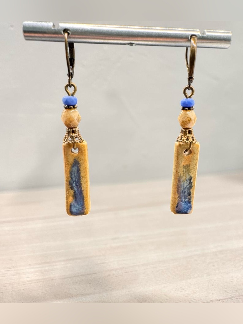 Handcrafted Blue and Tan Ceramic Drop Earrings - SKU E